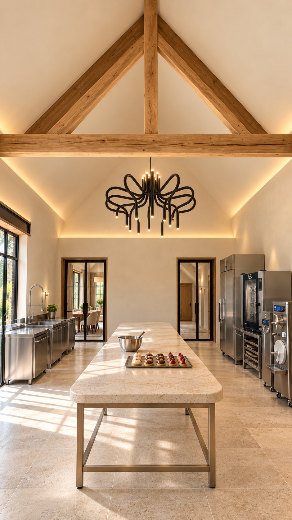 Visualisatie van het toekomstige Giulian’s atelier met afgeronde natuurstenen werktafel op een open bronskleurig onderstel, één eiken A-frame en een zwarte King George-kroonluchter