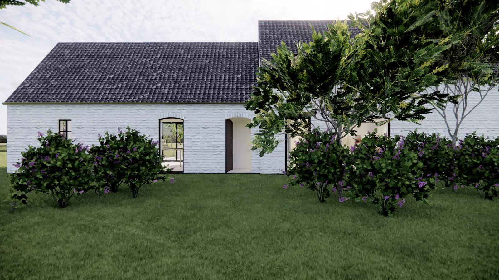Architecturale visualisatie van de tuin en omgeving bij het bestaande bijgebouw dat tot atelier wordt gerestaureerd